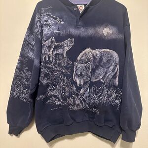 Vintage 90’s Art Unlimited Pullover Sweater Pockets Wolf Nature - Large